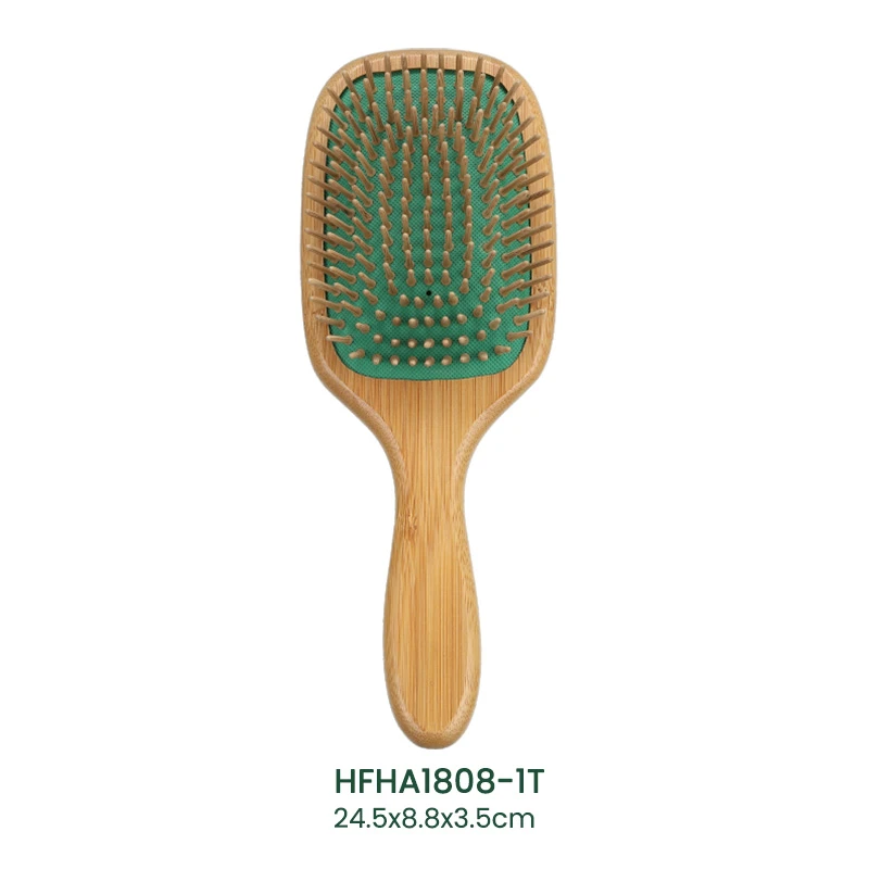 Cepillo de pelo de paleta de bamb&uacute; ecol&oacute;gico coj&iacute;n verde con pasadores de madera