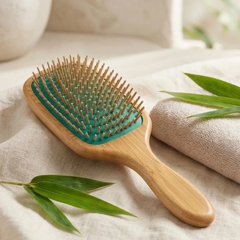 Cepillo de pelo de paleta de bamb&uacute; ecol&oacute;gico coj&iacute;n verde con pasadores de madera