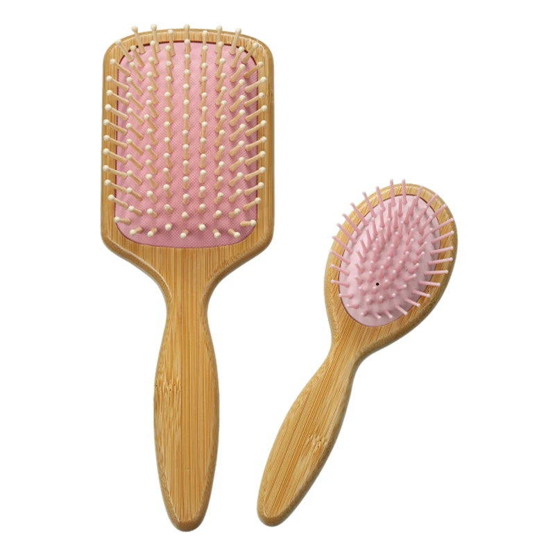 Cepillo para el pelo de paleta de bamb&uacute; FSC, coj&iacute;n rosa con diferentes p&uacute;as de masaje