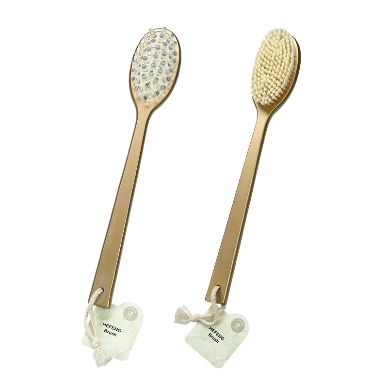 Cepillo de ba&ntilde;o de madera de mango largo dorado masaje 2 en 1