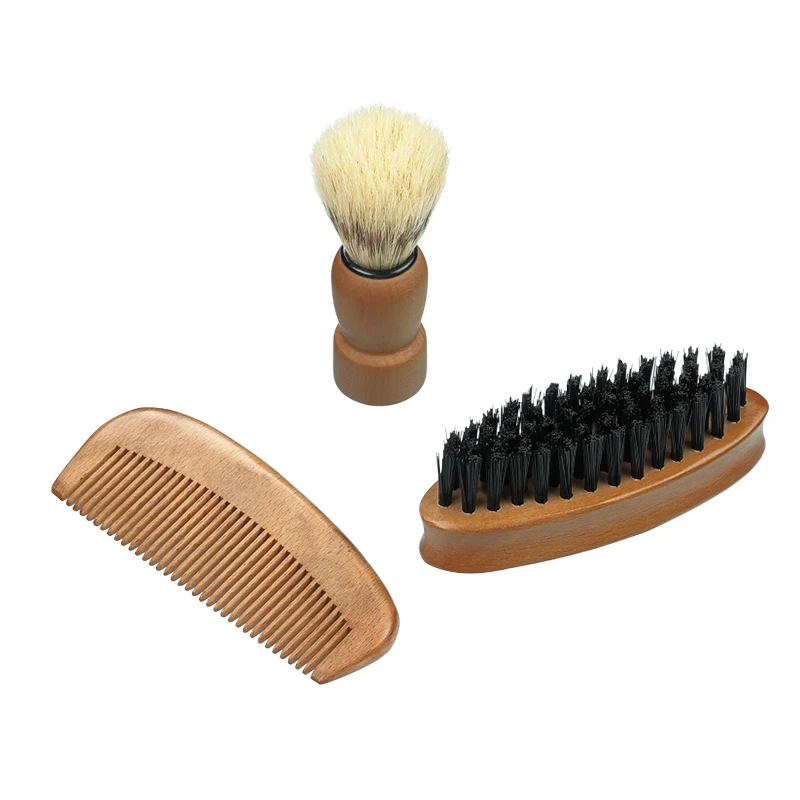 Set para el cuidado de la barba: cepillo para barba con cerdas de jabal&iacute;, brocha de afeitar y peine