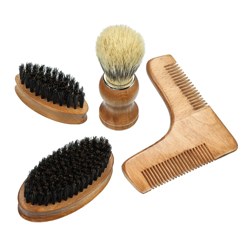 Juego de brochas para hombres de 4 piezas: brocha de afeitar, brocha de cerdas para barba en dos tam