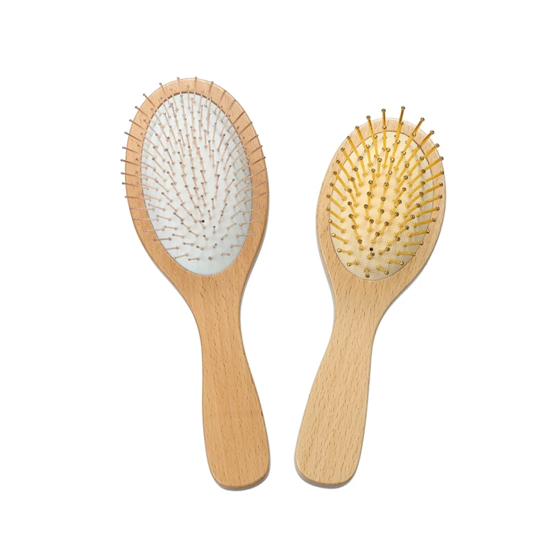 Cepillo de pelo de paleta de madera de haya ovalada con pasadores dorados para venta al por mayor