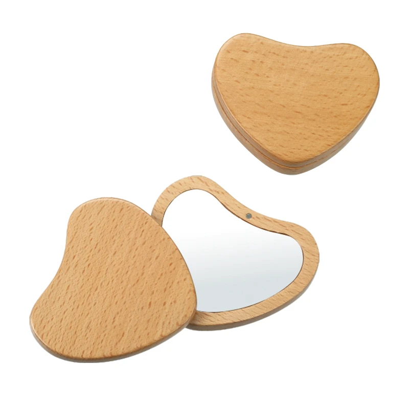 Mini espejo plegable de madera con im&aacute;n de coraz&oacute;n elegante