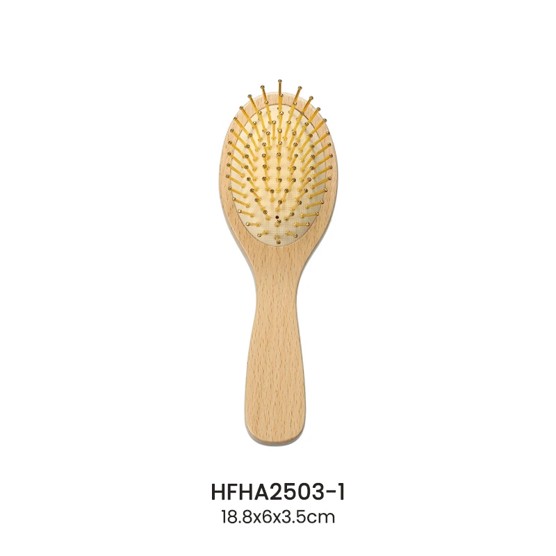 Cepillo de pelo de paleta de madera de haya ovalada con pasadores dorados para venta al por mayor