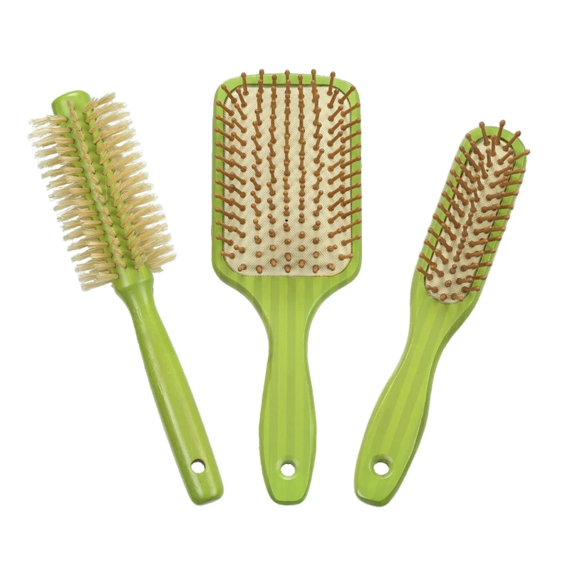 Juego de cepillos para el cabello 100 % bamb&uacute; de dos tonos a rayas verdes con diferentes cerdas