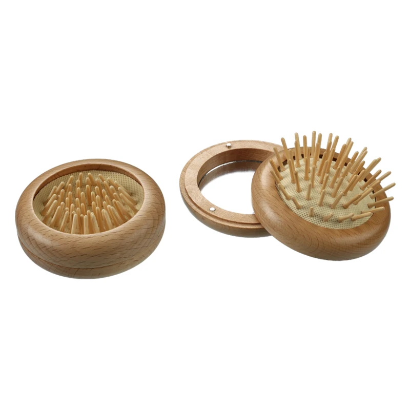 Cepillo de pelo plegable de madera 2 en 1 con espejo