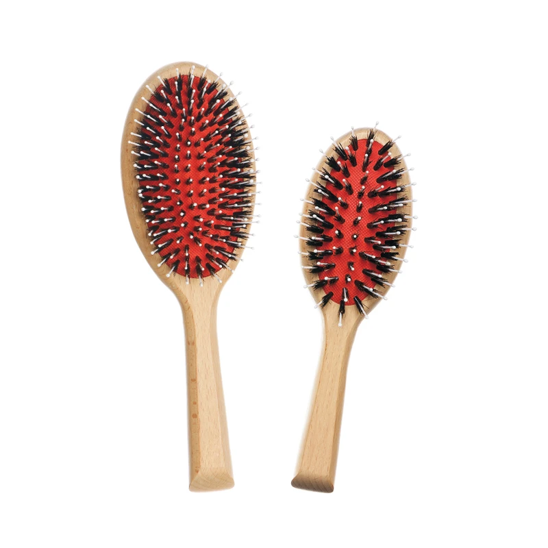 Cepillo de pelo con coj&iacute;n ovalado de madera de haya natural con coj&iacute;n rojo