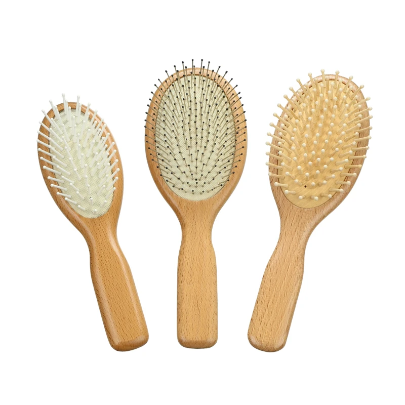 Juego de cepillos para el cabello con coj&iacute;n de aire ovalado de madera maciza de haya