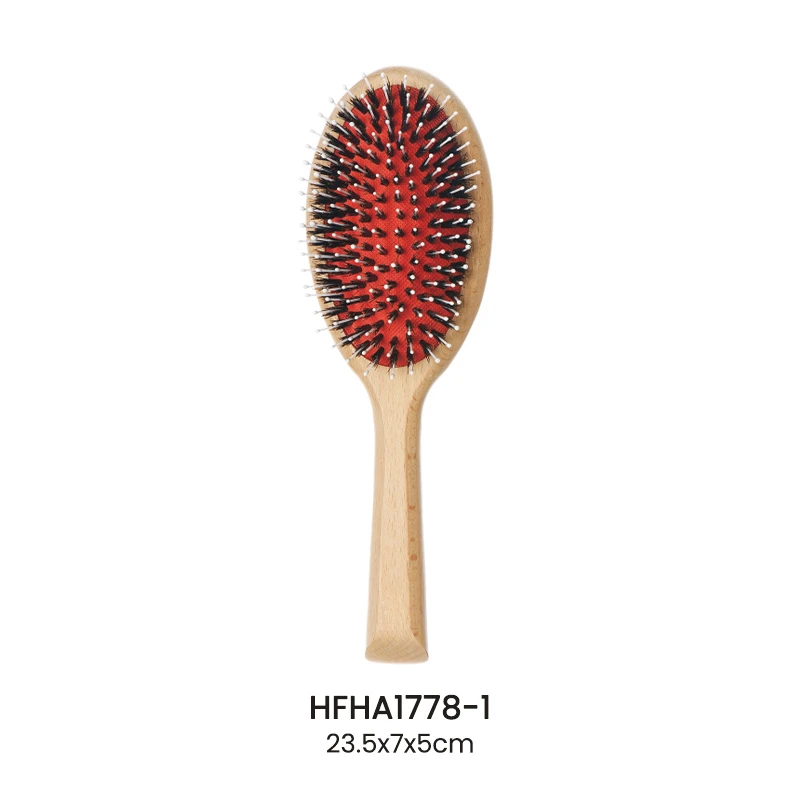 Cepillo de pelo con coj&iacute;n ovalado de madera de haya natural con coj&iacute;n rojo