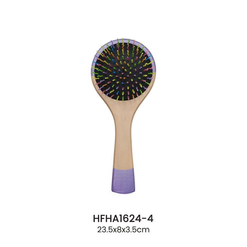 Cepillo para cojines de madera pintado de color p&uacute;rpura con alfileres de nailon de colores
