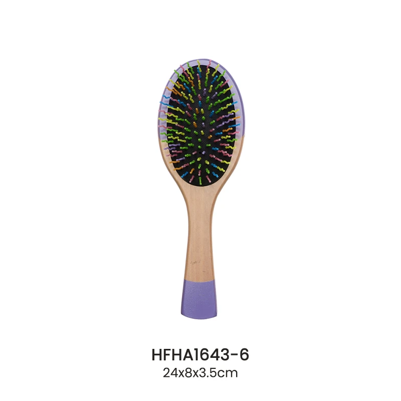 Cepillo para cojines de madera pintado de color p&uacute;rpura con alfileres de nailon de colores