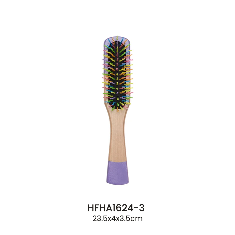 Cepillo para cojines de madera pintado de color p&uacute;rpura con alfileres de nailon de colores
